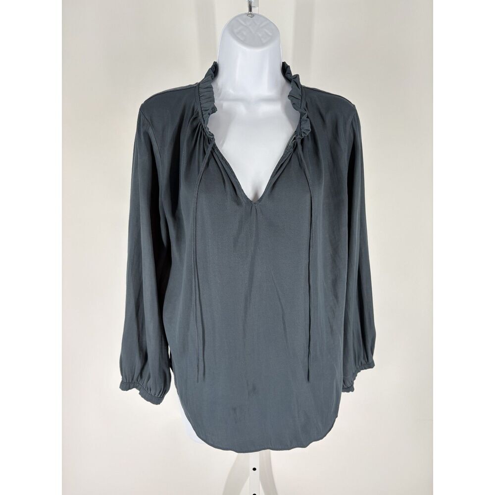 LOFT Dark Blue Ruffle Neck Tie-V Long Sleeve Peasant Blouse Top